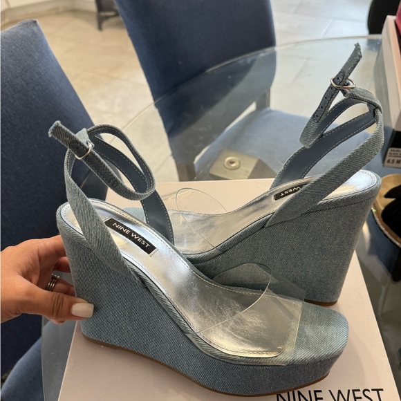 Summer Nine West Clear & Denim Wedge Sandals - Picture 3 of 3